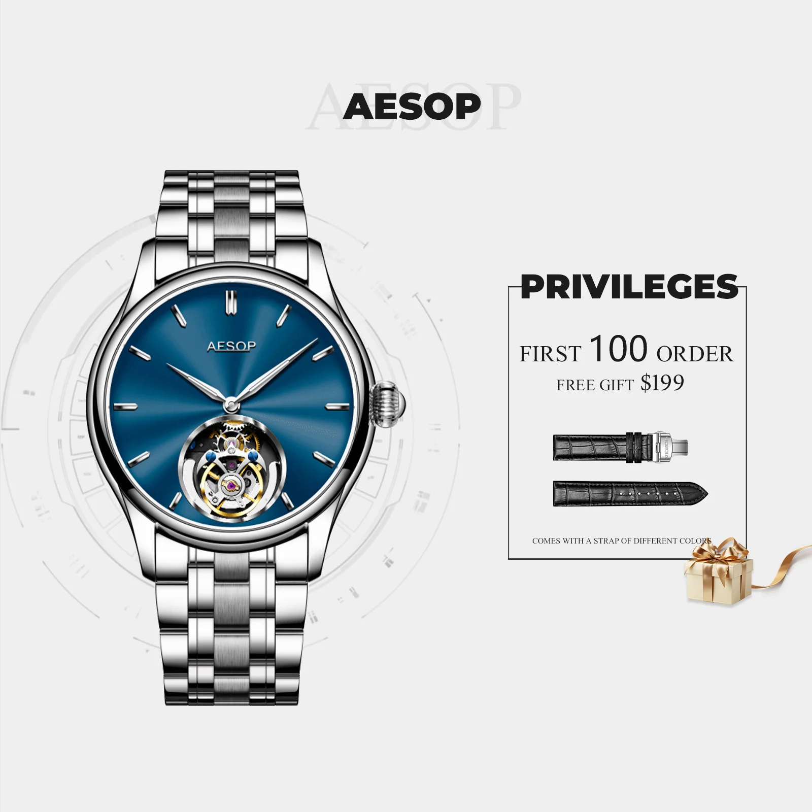 AESOP 클래식 바 네일 심플 남성용 뚜르비옹 기계식 시계 스테인레스 스틸 방수 자동 기계식 시계 선물