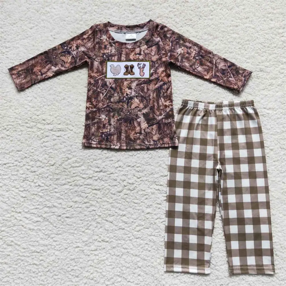 Wholesale Toddler Kid Camo Outfit Baby Boy Girl Long Sleeves turkey Deer Embroidery Pullover T-shirts Children Pants Hunting Set