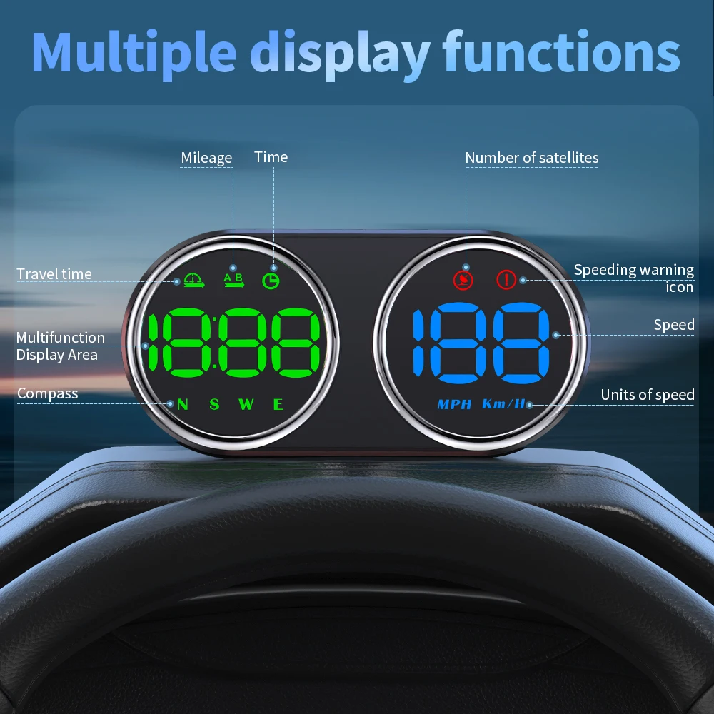 WiiYii Automatic Light-sensing G28 Dual-Screen GPS USB-C Colorful HUD with Ambient Light Driving Mileage, Speed, Time,Compass