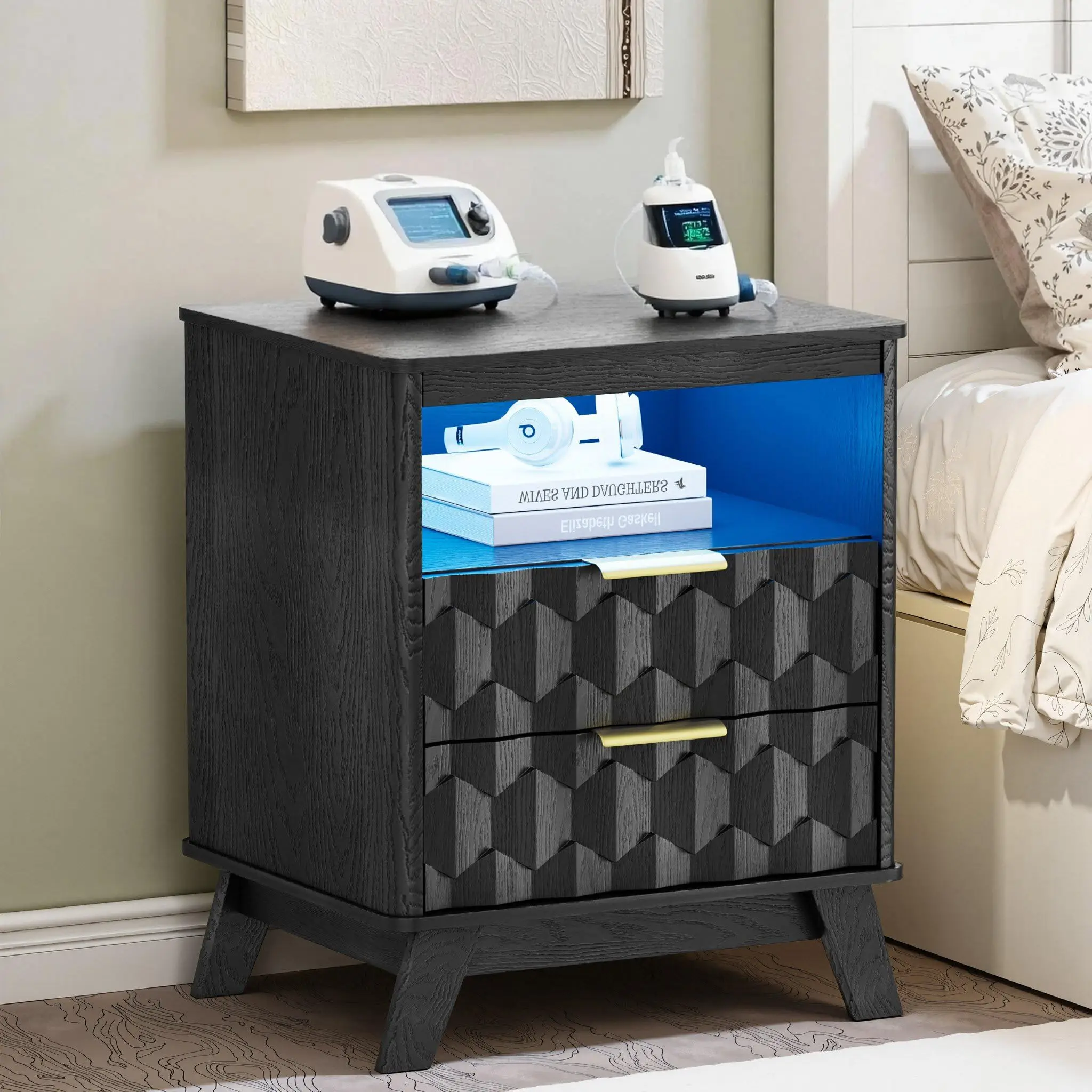 LED Night Stand with Charging Station - USB & Type-C Ports, 3-Color Dimmable Black Nightstand with 2 Drawers, Smart