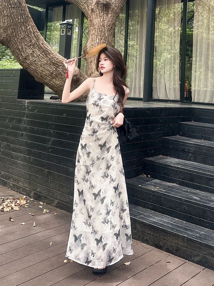 Abiti Camis Donna Abiti senza maniche Farfalla Stampata Doppio strato Casual Vacanza Spiaggia Data Elegante vestito estivo sexy