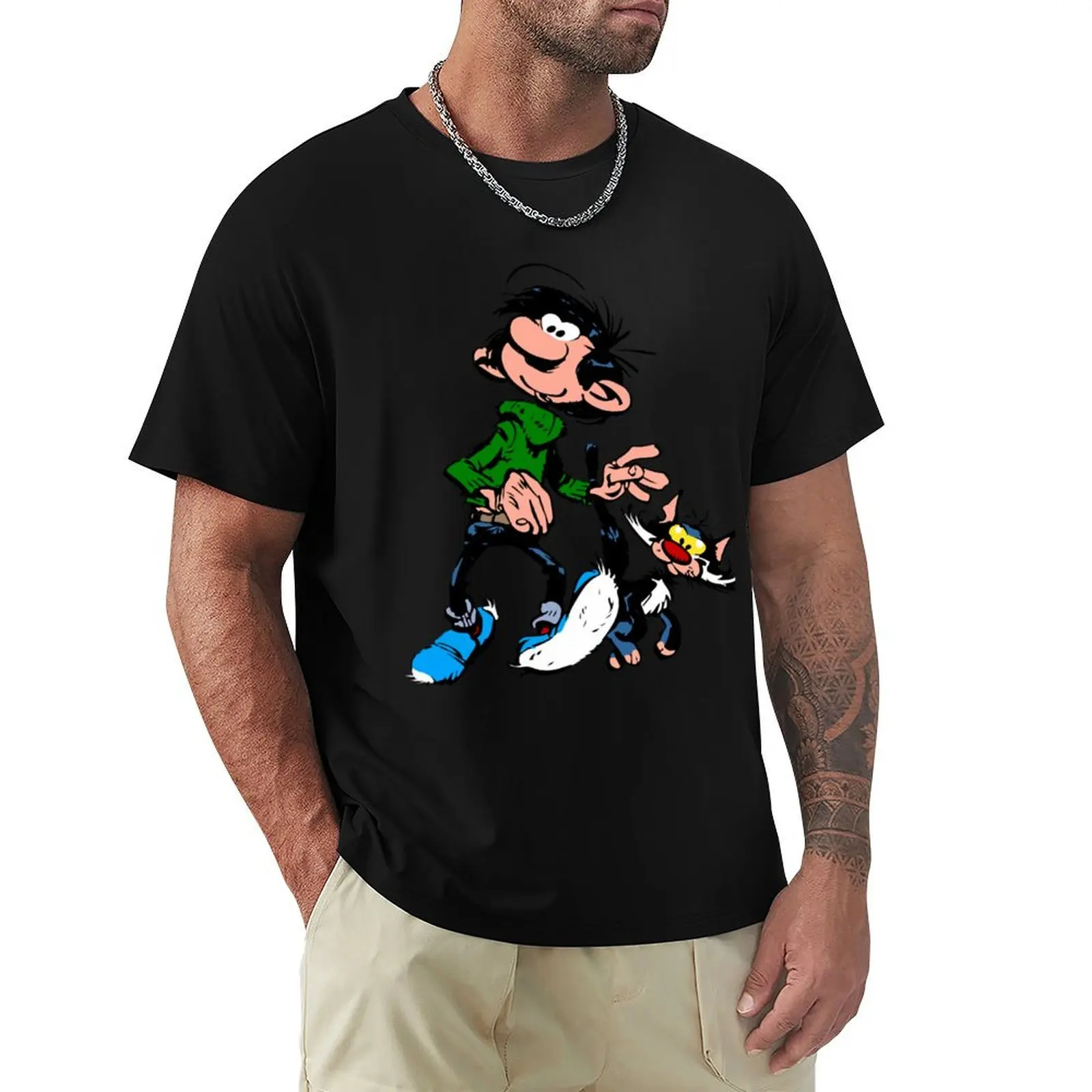 

Gaston Lagaffe Movie Cartoon Color Big Ben walking with cat T-Shirt blue archive customizeds Blouse fitted t shirts for men