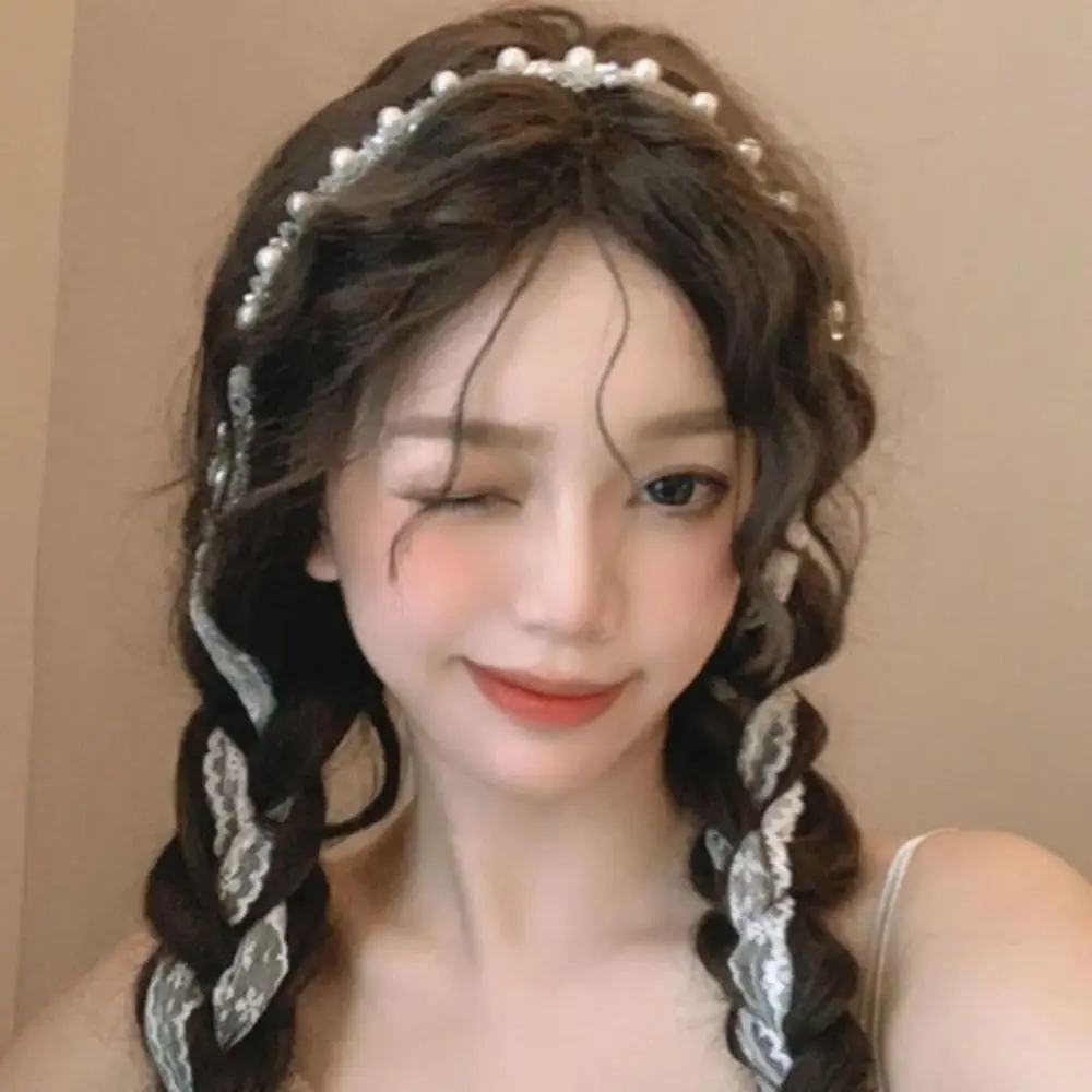 Diadema trenzada de plástico con cadena para el pelo, accesorios para el cabello, diadema de encaje con perlas, color blanco