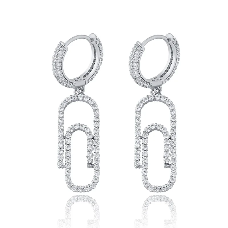 INS Trendy Shiny Cubic Zirconia Paperclip Drop Huggie Hoop Earrings Bling Dangle Earrings Women Hip Hop Party Accessories