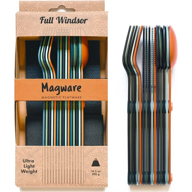 FULL WINDSOR - MAGWARE ชุดเครื่องครัวสแตนเลสแม่เหล็กอุปกรณ์การเดินทางช้อนส้อมช้อนส้อมขนาดกะทัดรัดตั้งแคมป์ (15 ชิ้น)