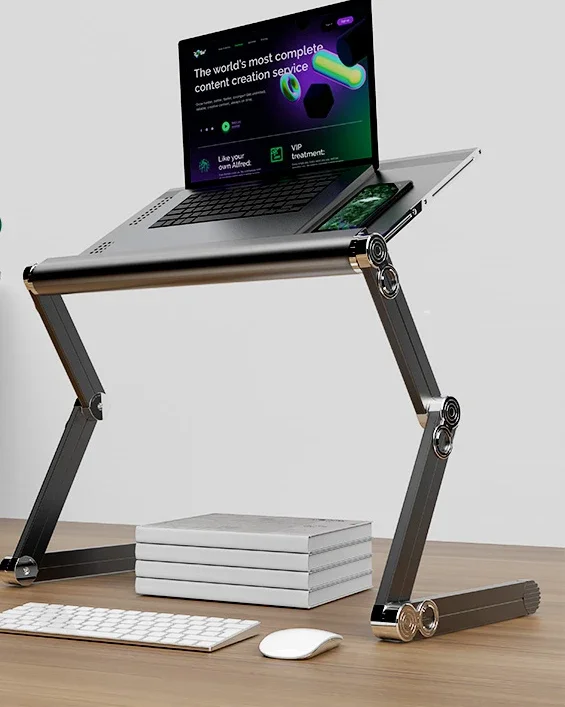 Lazy people use movable lifting and folding laptop stand on their computer desk and bed