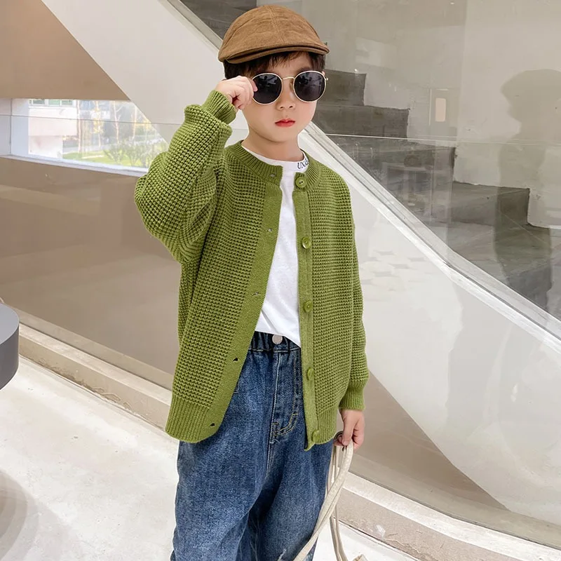 Kids Waffle Knit Cardigan Solid Color Crew Neck Button Front Casual Boys Girls Sweater Coat