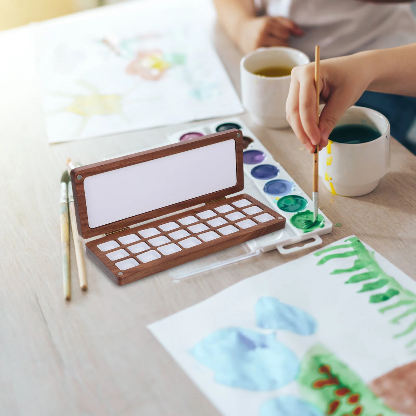 

24 Grids Solid Wood Portable Watercolor Palette Empty Mixing Tray Lid Ideal Outdoor Travel Sketching Artists Students