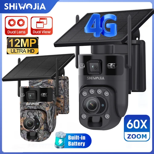 Cámara Solar SHIWOJIA con Zoom 60X, 4G SIM/WIFI, 6K 12MP, Pantalla Dual, Batería, Cámara PTZ, Monitor PIR, Visión Nocturna, Grabación