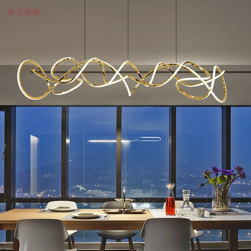 The Restaurant's Post-Modern Strip Shaped Chandelier Designer Style Bar Creative Stainless Steel Titanium Gold Geometric Lamps