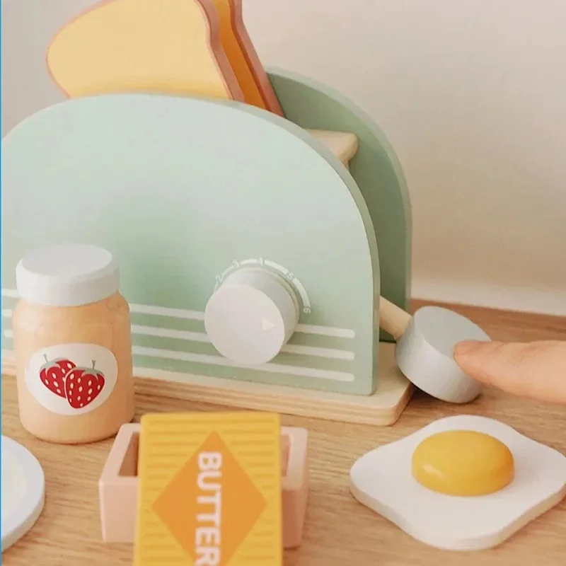Wooden Simulation Toaster Toy Kids Pretend Kitchen Breakfast Play Set Toddler Boys Girls Gift view 3