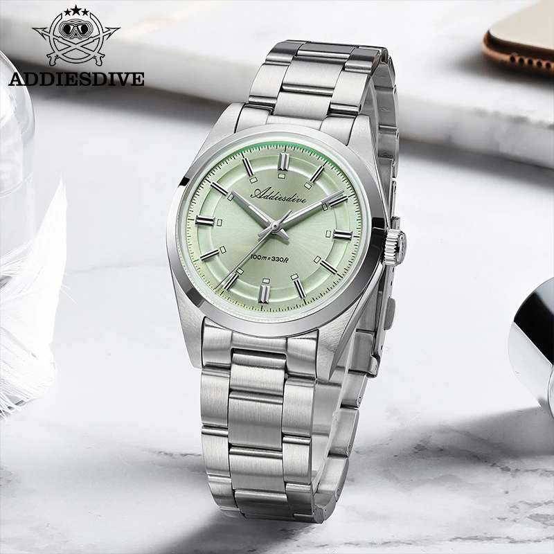 ADDIESDIVE Watches For Men 36mm Quartz AD2515 BGW9 Luminous 100m Waterproof 316L Stainless Steel VH31 Dress Wristwatch 2025 New