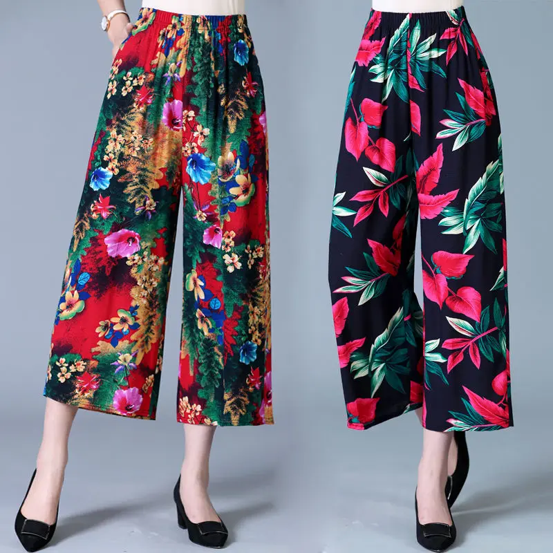 

Mom's Wide Leg Pants Summer Middle Aged And Elderly Women's Casual Floral Printed Thin Loose High Waist Ankle-length Pants