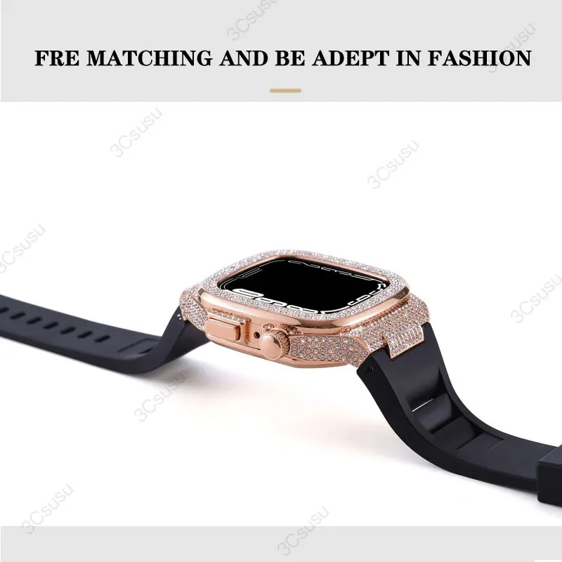 Diamond Case for Apple Watch Band 9 8 7 45mm 6 5 SE 44mm Stainless Steel Case Modification Kit Rubber Strap for IWatch 45mm 44mm