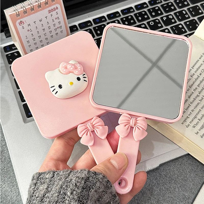 Pink Kitty Loopy Makeup Mirror With Comb Cartoon Quadrate Handle Cosmetic Mirror For Girl Gift Cosmetic Tools Vanity Miror