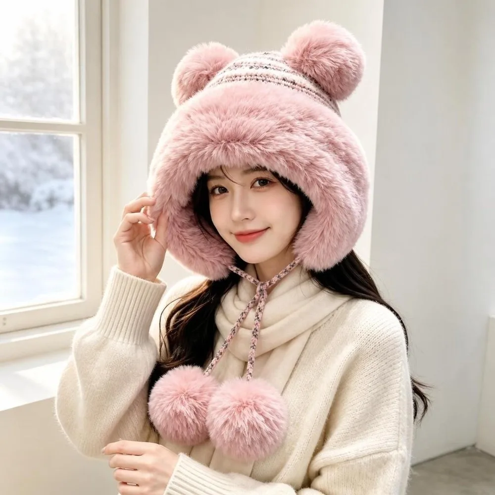 Soft Thickened Ear Protection Hat Anti-Cold Fleece Lined Winter Balaclava Hat Keep Warm with Fur Balls Knitted Hat Winter