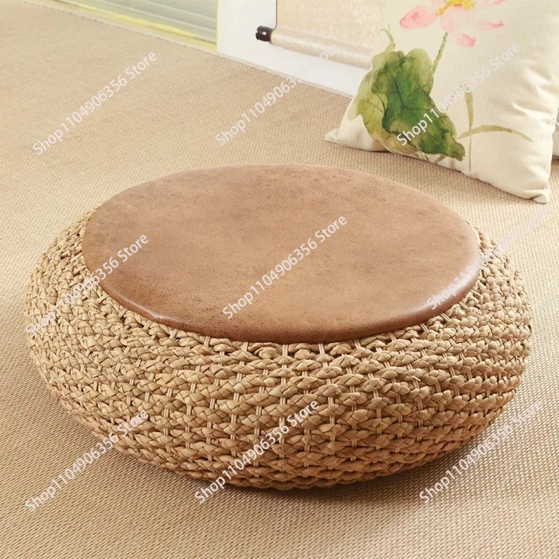 Pouf futon rond tissé moderne avec coussin de siège en cuir, pouf tatami rustique en paille, meuble repose-pieds de loisirs sur pied