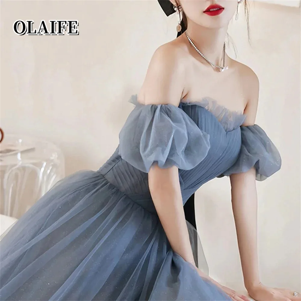 Vestido formal linha a azul real, vestido de festa de tule para casamento, renda nas costas, vestido para ocasiões especiais, ombro de fora, robe soirée