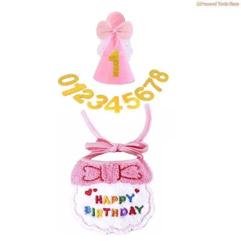 Pet Birthday Party Outfit Accessories 3Pcs Bib Hat Set Soft Felt Materials Age Number Sticker Photo Props W91B
