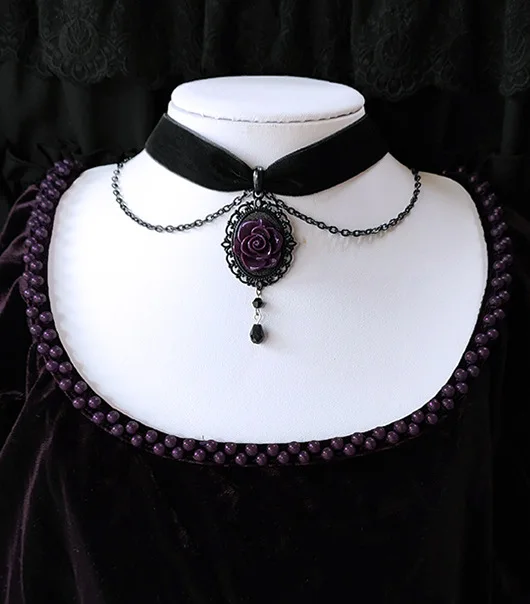 Gothic Red Rose Velvet Necklace Women Girls Jewelry Fashion Purple Drop Charms Accessories For Her Witch Flower Pendant Choker