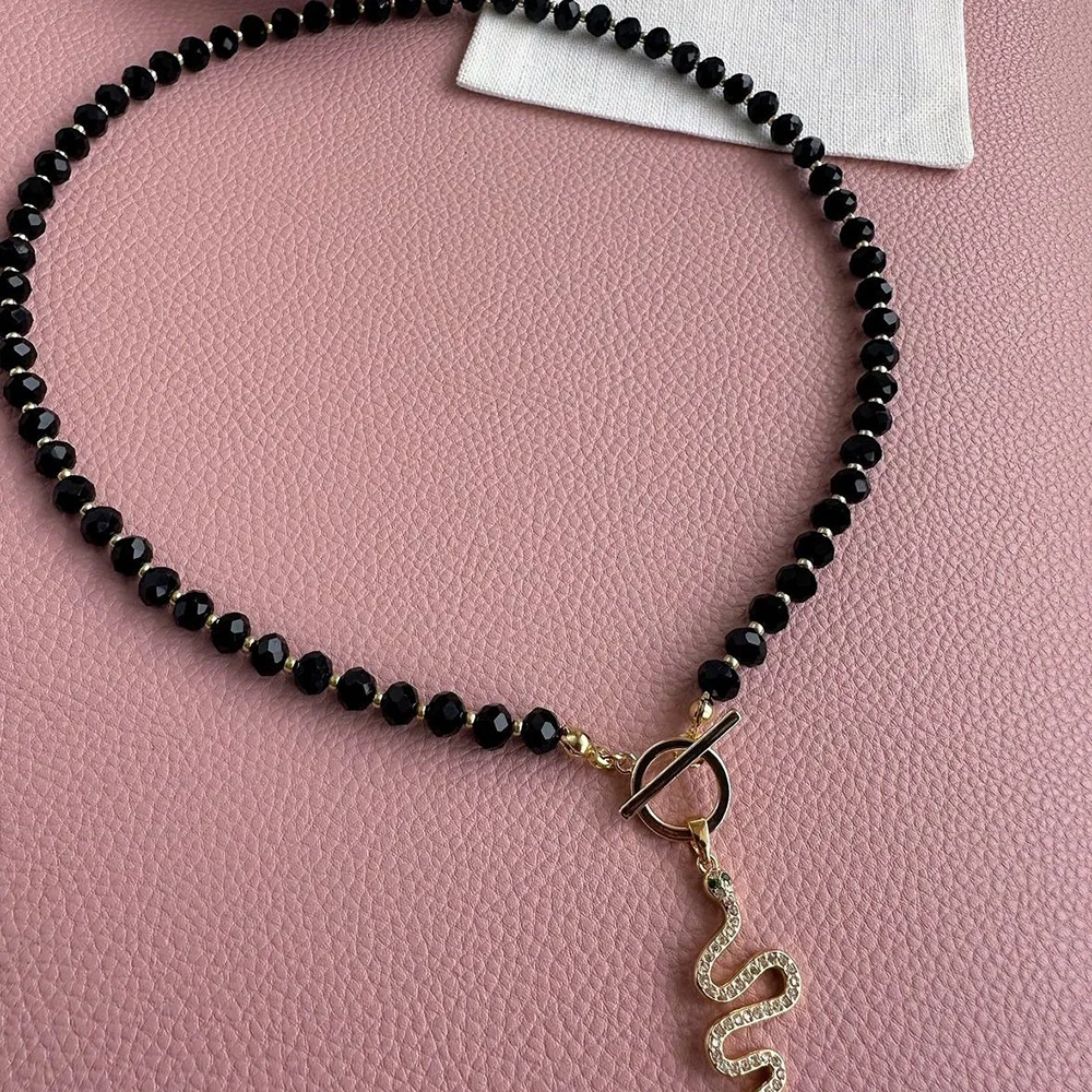 Vintage Crystal Snake Pendant Black Irregular Beaded Chain Necklace for Women Choker Dinner Party Jewelry N0479