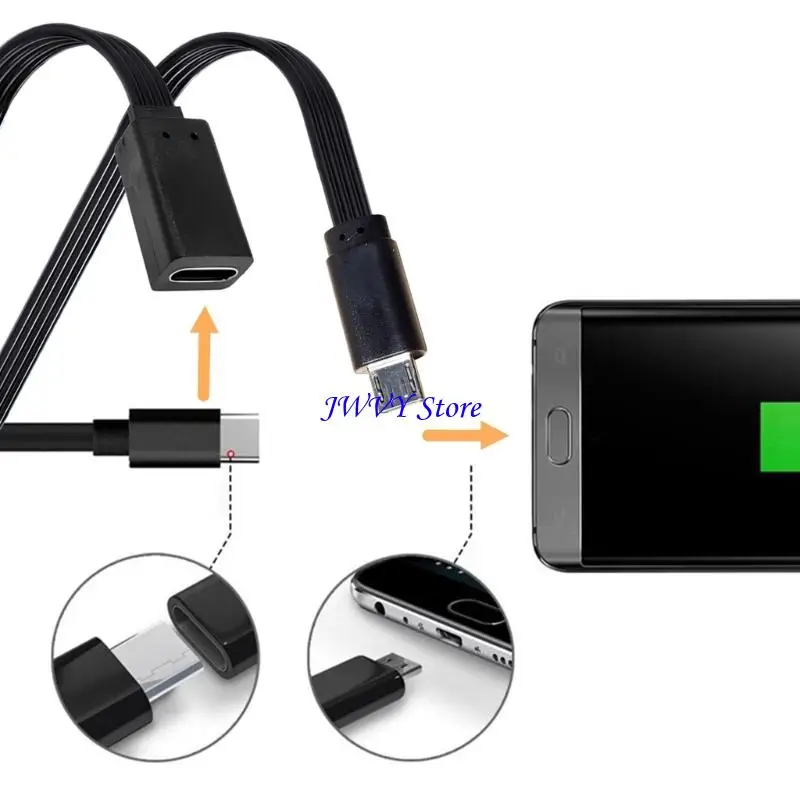 573A Flat USB C To Microed USB Converter Cable 10cm 20cm Flexible Charging Data Cord