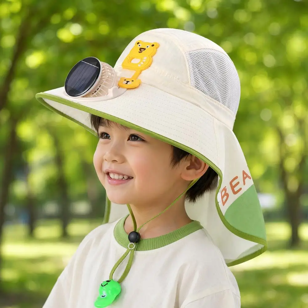 Fan Cap Kids Sun Cap with Built-in Solar Fan Wide Brim Sun Protection Hat Breathable Mesh Summer Hat with Cartoon Pattern Shawl