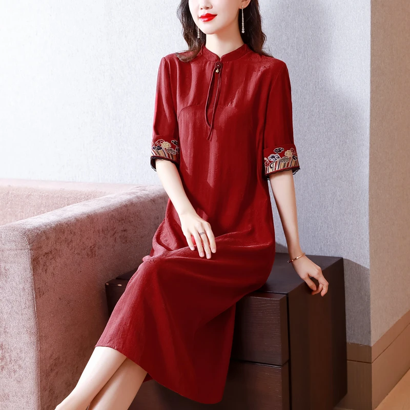 Summer Red Embroidery Floral Silk Midi Dress Women Luxury Chic Casual Cheongsam Dress 2023 Korean Vintage Elegant Loose Dress