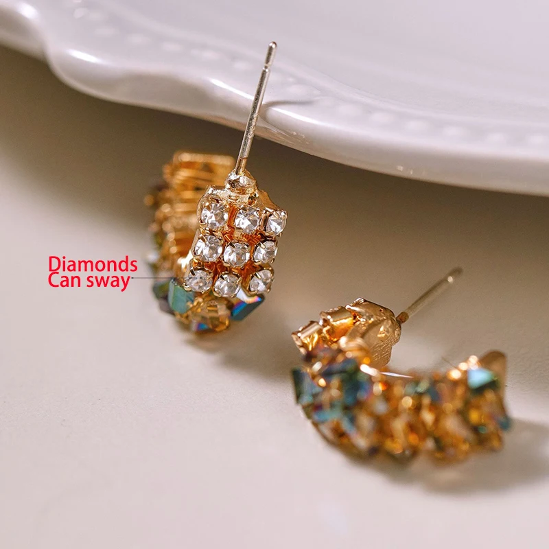 Korean Charm Sparkling Rainbow Crystal Clip on Earrings for Women Small Exquisite Luxurious Fashion Wedding Party Jewelry