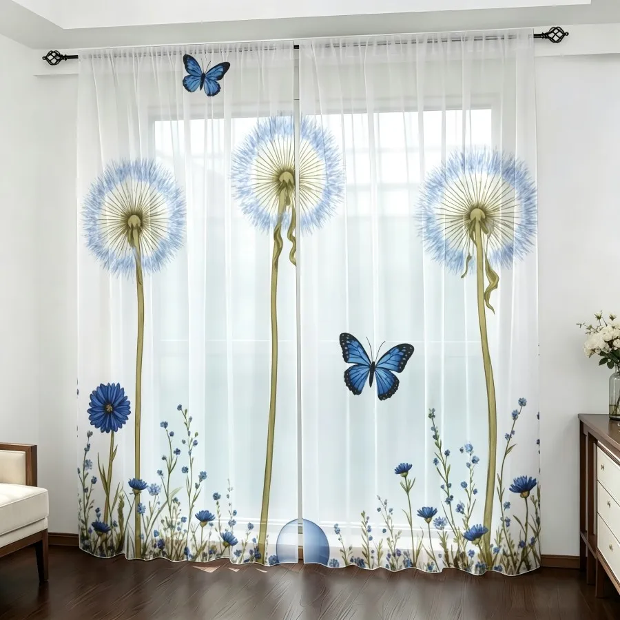 2PCS Digital Print Sheer Curtain, Blue Butterfly Dandelion Flower Nature Window Drapes for Living Room Bedroom Home Decor