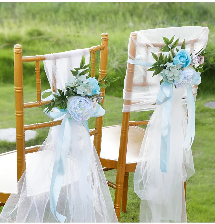 Ivoor Met Blauw Poney Bruidsboeket Kunstbloemen Bruiloft Site Decoratie Gast Stoel Decoratie Mariage Champêtre