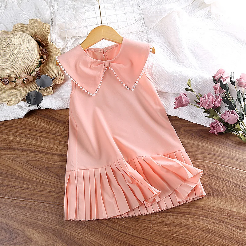 New Summer Girls Dress 4-7 Years Sleeveless Dress With Pink Doll Collar For Little Girls Baby Girls Korean Birthday Party Dress