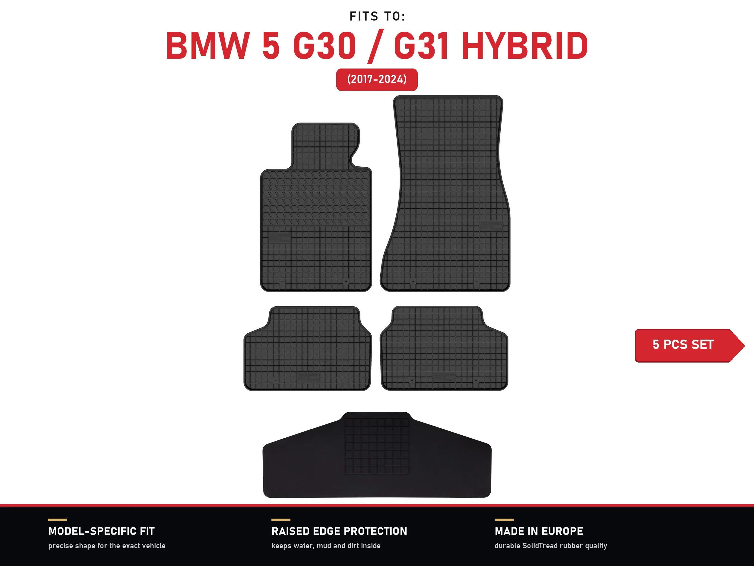 Rubberen vloermatten met tunnel voor: BMW 5 G30 / G31 Hybrid 2017–2024, 5 stuks