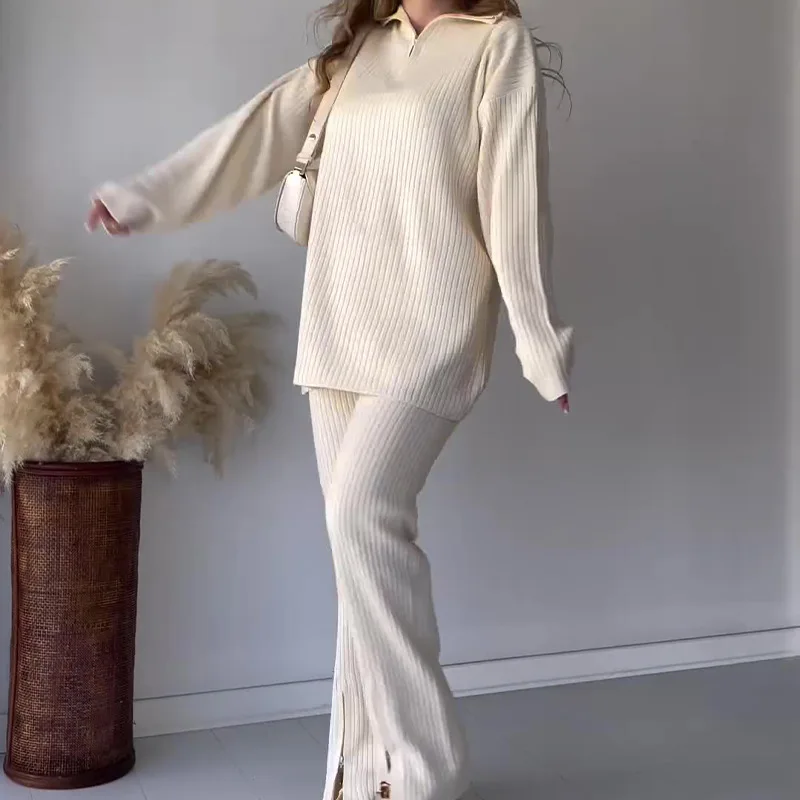

Women Pant Sets Two Piece Long Pants Solid Knit Splice Full Sleeve Zipper Thick Cardigan Sweaters Pullover Elegant Office Lady