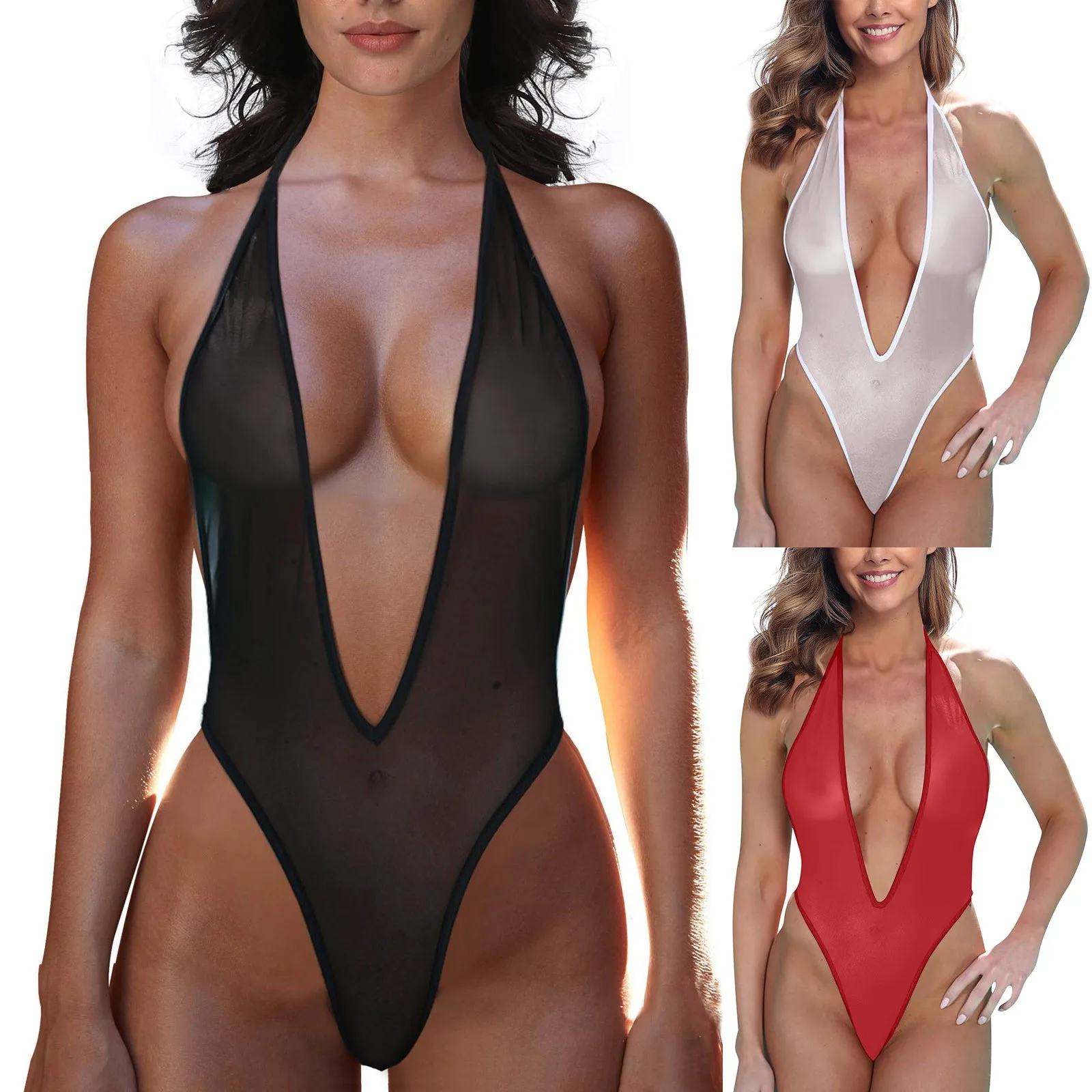 Sexy Lingerie Plus Size Fishing Net Bodysuit Women Transparent Underwear Deep V Neck Backless Mesh Bodysuit for Women Sleepwear