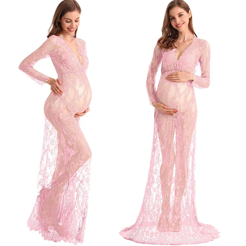 2023 NEW Boudoir Maternity Long Sleeve Lace Dress Women Deep V-Neck Wedding Party Long Dress Milk Bath Photoshoot Gown