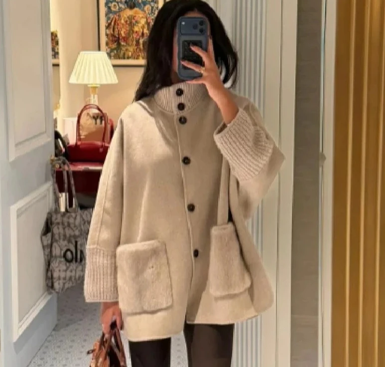 

New Arrival Polyester FiberFashionable Knitted Wool Blend Patchwork Cardigan Coat with Stand Collar for Women Autumn Winter