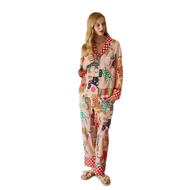 2026 New Ins Leopard Print Funny Women's Pajamas Set Silky Two Pieces Long Sleeve Full Length Pants Trousers Sleepwear Homewear