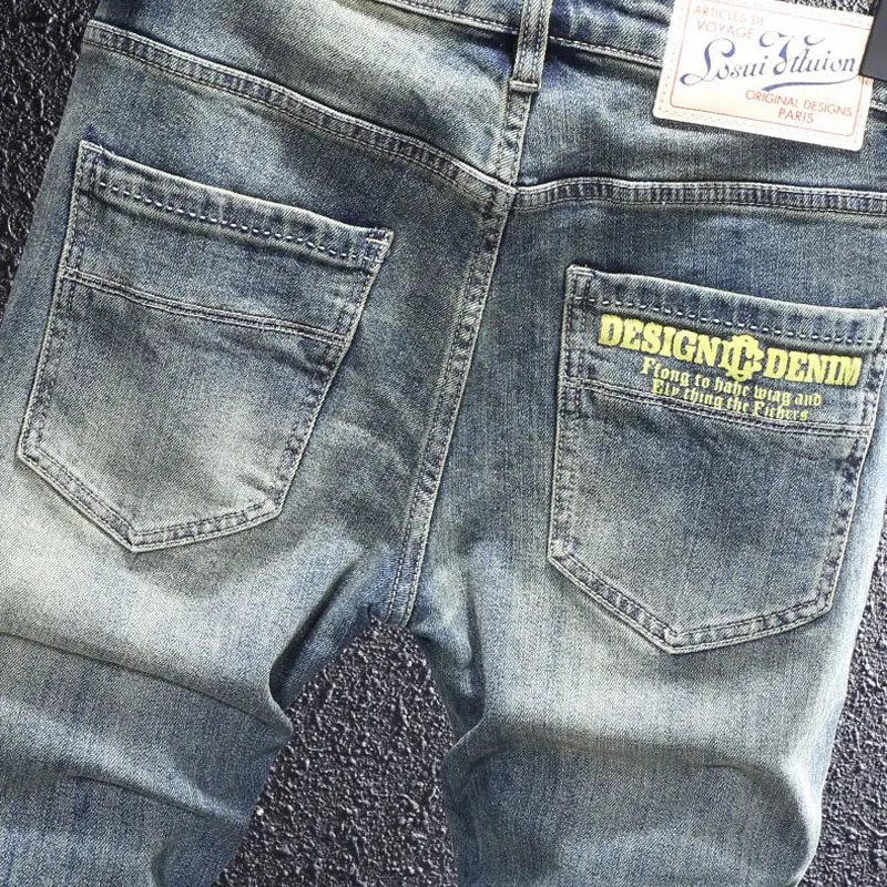 Jeans rétro bleus déFlexpour hommes, coupe couvertes élastique, imprimé ondulé, style italien, créateur de mode