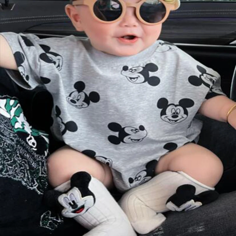 Newborn Baby Boys Girls Rompers Socks 2pcs Set Cartoon Mickey Mouse Cotton Jumpsuits Short Sleeve Bodysuits Infant Costume 0-24M