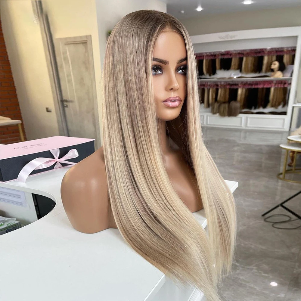 Soft Highlight Ash Blonde Straight 180Density 26Inch Long Lace Front Wig For Black Women Baby Hair Preplucked Daily Glueless