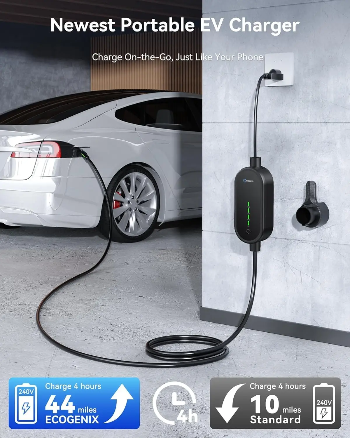Level 1/2 EV Charger with Adjustable Current, Universal Compatibility for All J1772 EVs, 21ft Cable