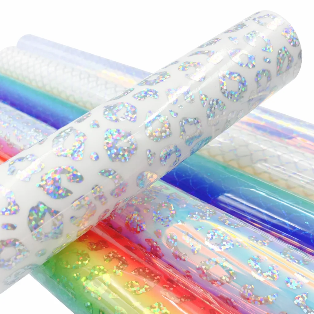 1PCS  30x20cm/25cm/50cm/100cm Holographic Self-Adhesive Vinyl with Fish Scale & Leopard Print for Cups, Car Decals & DIY Crafts