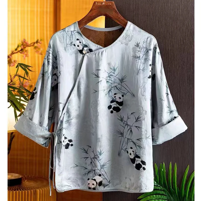 High Quality Spring And Autumn New O-Neck Silk Printed Panda Shirt Diagonal Lace Up Three Quarter Sleeve Top Women S-XXL