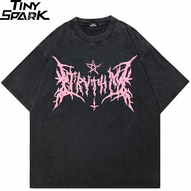 Hip Hop Vintage Gewaschen Schwarz T-Shirt Streetwear Retro Brief Grafik T Shirt Baumwolle Unisex T-shirt Männer Tops Tees Dope Y2K