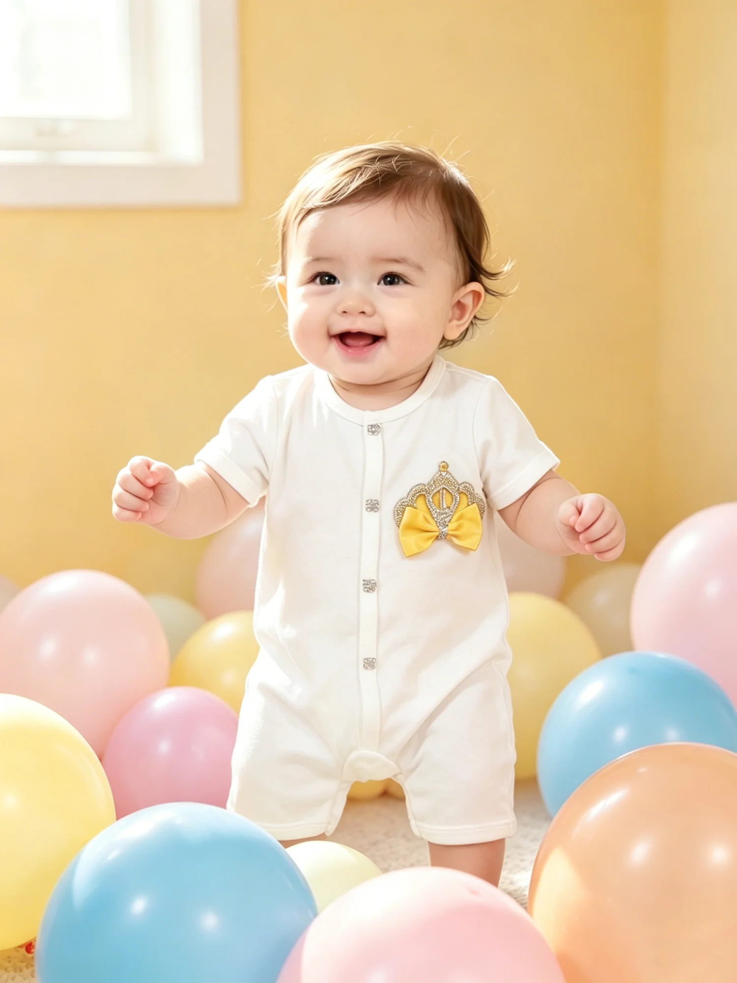 Infant Baby Short Sleeve Romper Front Snap Closure Soft Cotton Jumpsuit Elegant Crown Bow Decor Baby Daily Wear Party Clothes