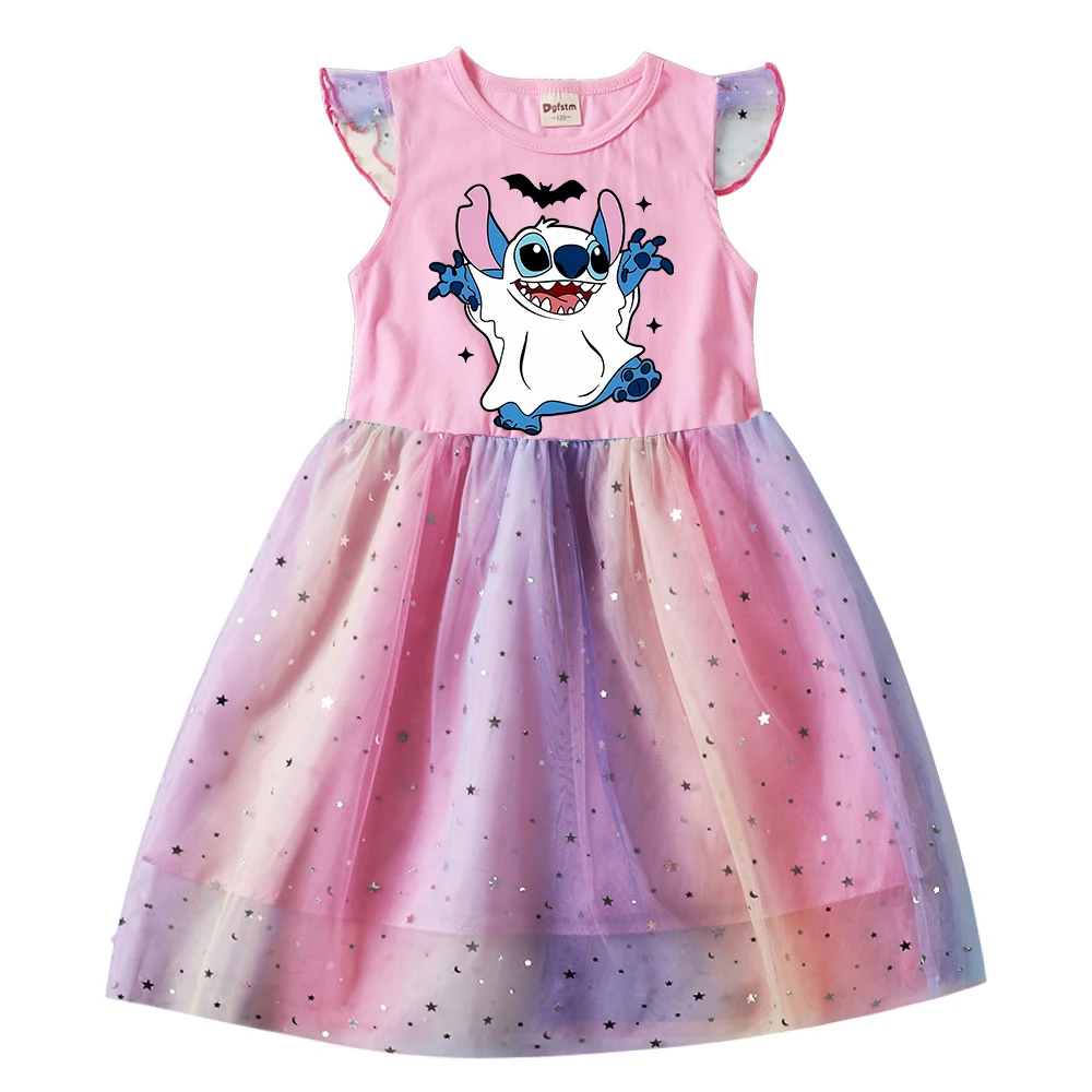 Robe de princesse Stitch Mouse pour filles, vêtements décontractés pour enfants, robes de dessins animés d'Halloween, manches volantes en gaze, cadeaux pour enfants