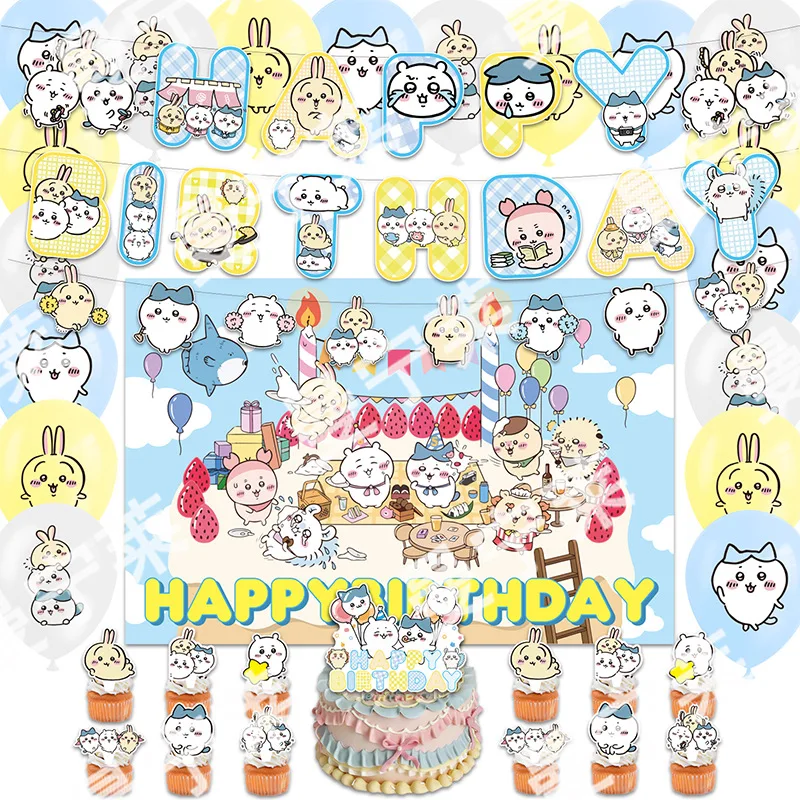 

Chiikawa Usagi Birthday Party Decorations Banner Balloons Cake Toppers Backdrop Set Cute Party Supplies for Kids