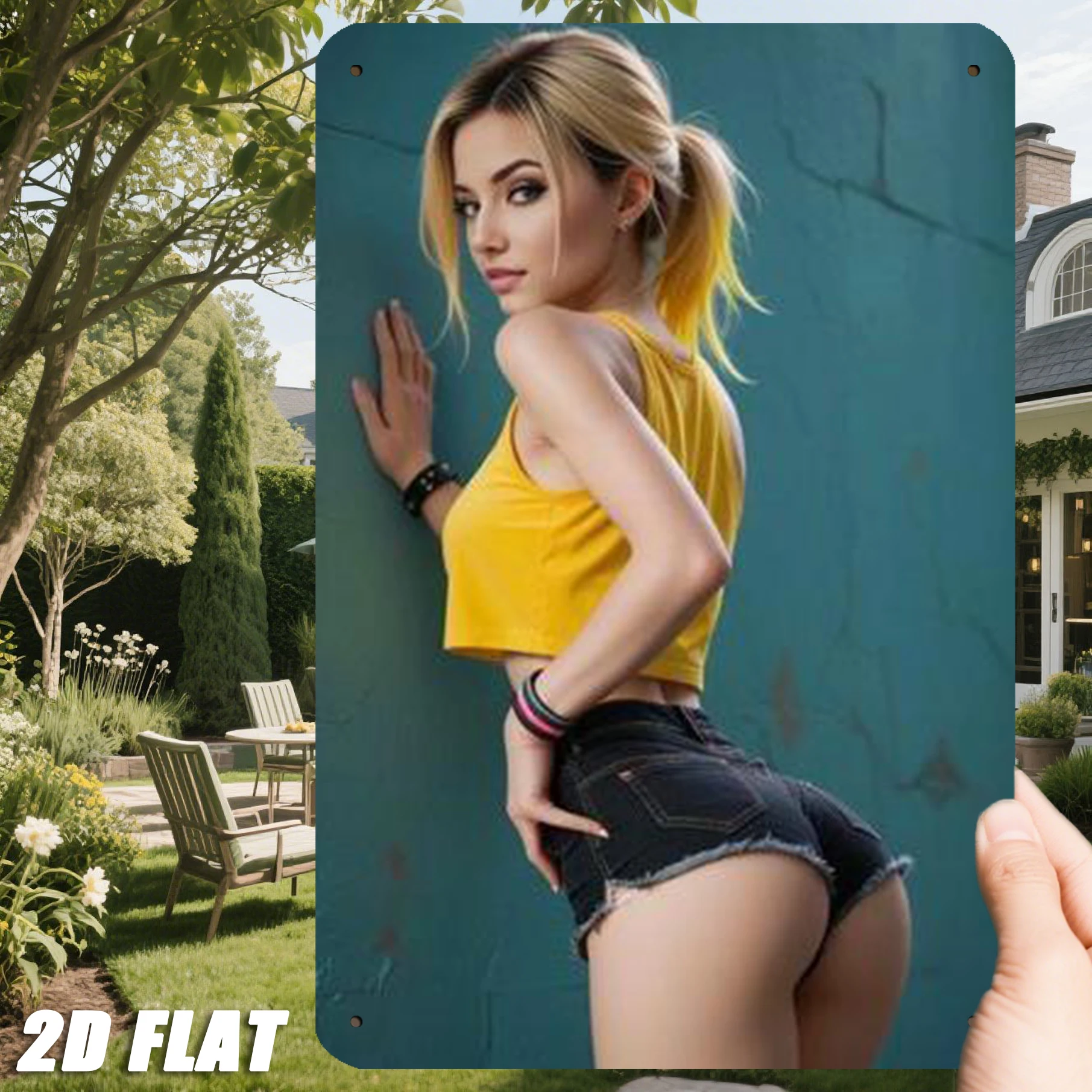 HD Metal Tin Sign Sexy Blonde Woman in Yellow Crop Top & Black Denim Shorts Teal Wall Pose Vintage Wall Art Plaque Retro 2D Deco