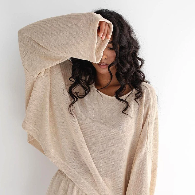 Letnia nowa dwuczęściowa piżama z długim rękawem z bawełny i lnu, luźne spodenki, modne damskie ubrania domowe z handlu zagranicznego